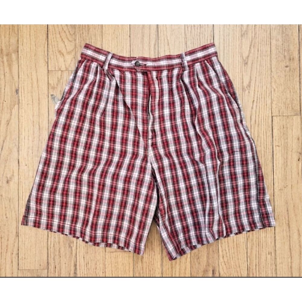 80's Lands End Plaid Pleated Cotton Shorts Sz 12 High Waist Coastal Beach Preppy
